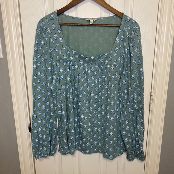 Lucky Brand Tops - Lucky Brand Top Womens XXL Sage Green Blue Floral Square Neck Long Sleeve Boho